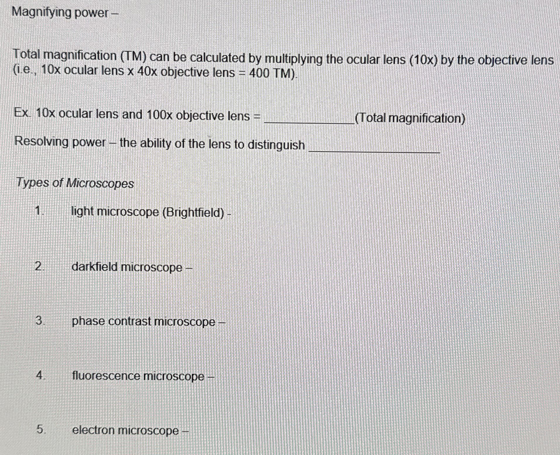 Solved Magnifying powerTotal magnification (TM) ﻿can be