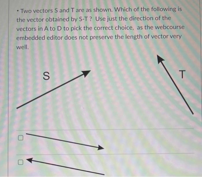 Solved • Two vectors S and T are as shown. Which of the | Chegg.com
