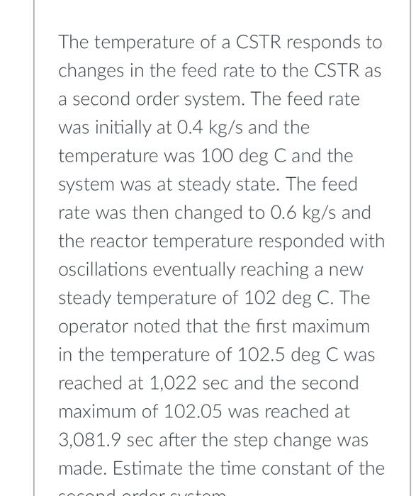 Solved The temperature of a CSTR responds to changes in the | Chegg.com