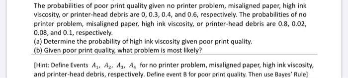 Solved The Probabilities Of Poor Print Quality Given No | Chegg.com