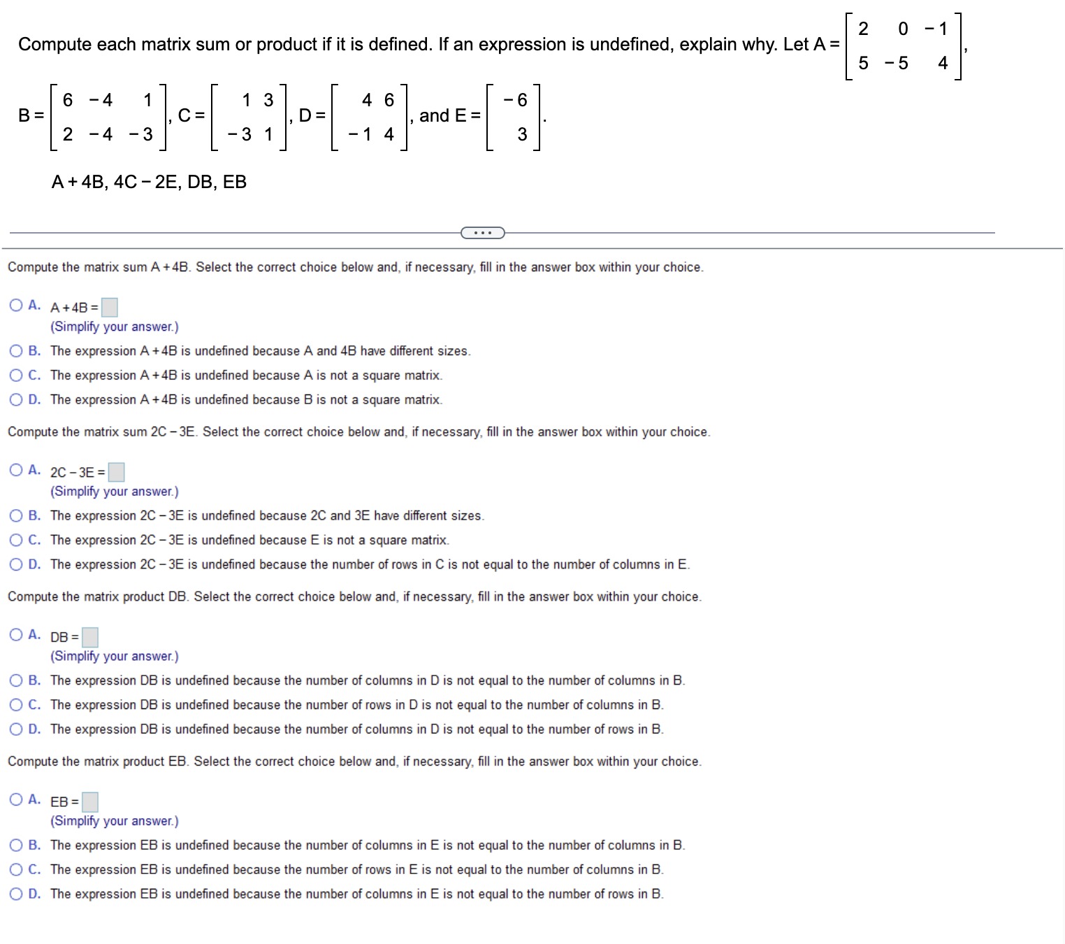 Solved Compute the matrix sum A+4B. ﻿Select the correct | Chegg.com