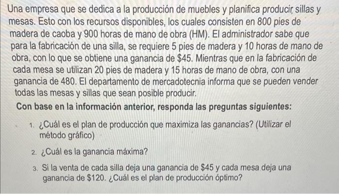 Una empresa que se dedica a la producción de muebles y planifica producir sillas y mesas. Esto con los recursos disponibles,