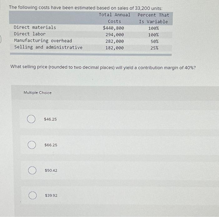 Solved The following costs have been estimated based on | Chegg.com