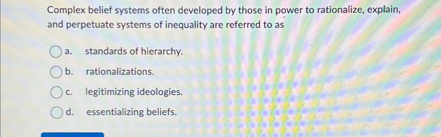 Solved Complex belief systems often developed by those in | Chegg.com