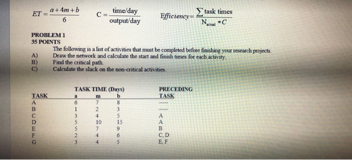 Eta Problem Solving Calculation Solved ET = a +4m + b time/day C= Efficiency= task times 6 | Chegg.com