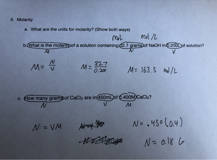 Solved 5. Molarity a. What are the units for molarity? (Show | Chegg.com