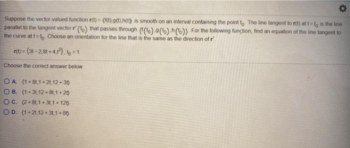 Solved Suppose the vector valued function r(t) = | Chegg.com