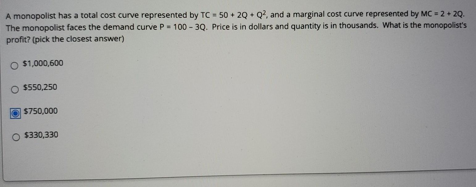 Solved A monopolist has a total cost curve represented by TC | Chegg.com