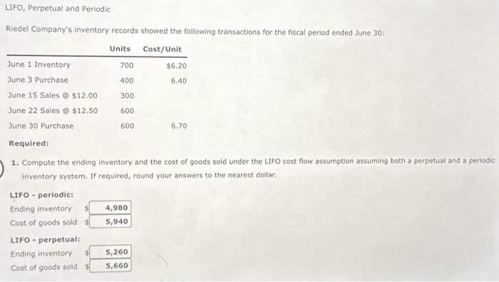 Solved LIFO, Perpetual and Periodic Riedel Company's | Chegg.com
