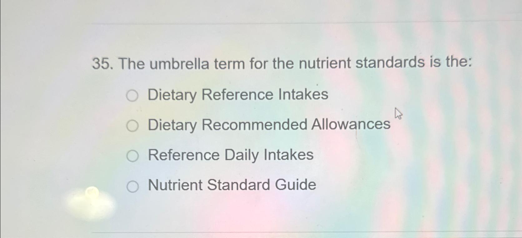 Solved The umbrella term for the nutrient standards is