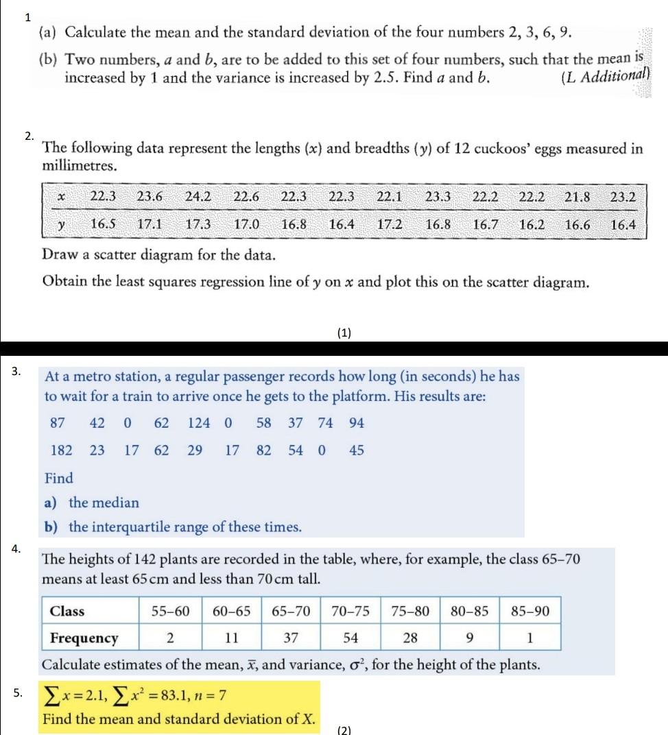 Solved 1 (a) Calculate The Mean And The Standard Deviation | Chegg.com