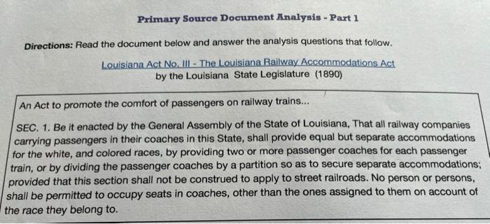 Primary Source Document Analysis - Part 1 Directions: | Chegg.com