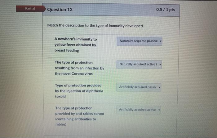 Partial Question 13 0.5/1 pts Match the description to the type of immunity developed. Naturally acquired passive A newborns