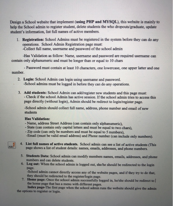 Solved Design a School website that implement (using PHP and | Chegg.com