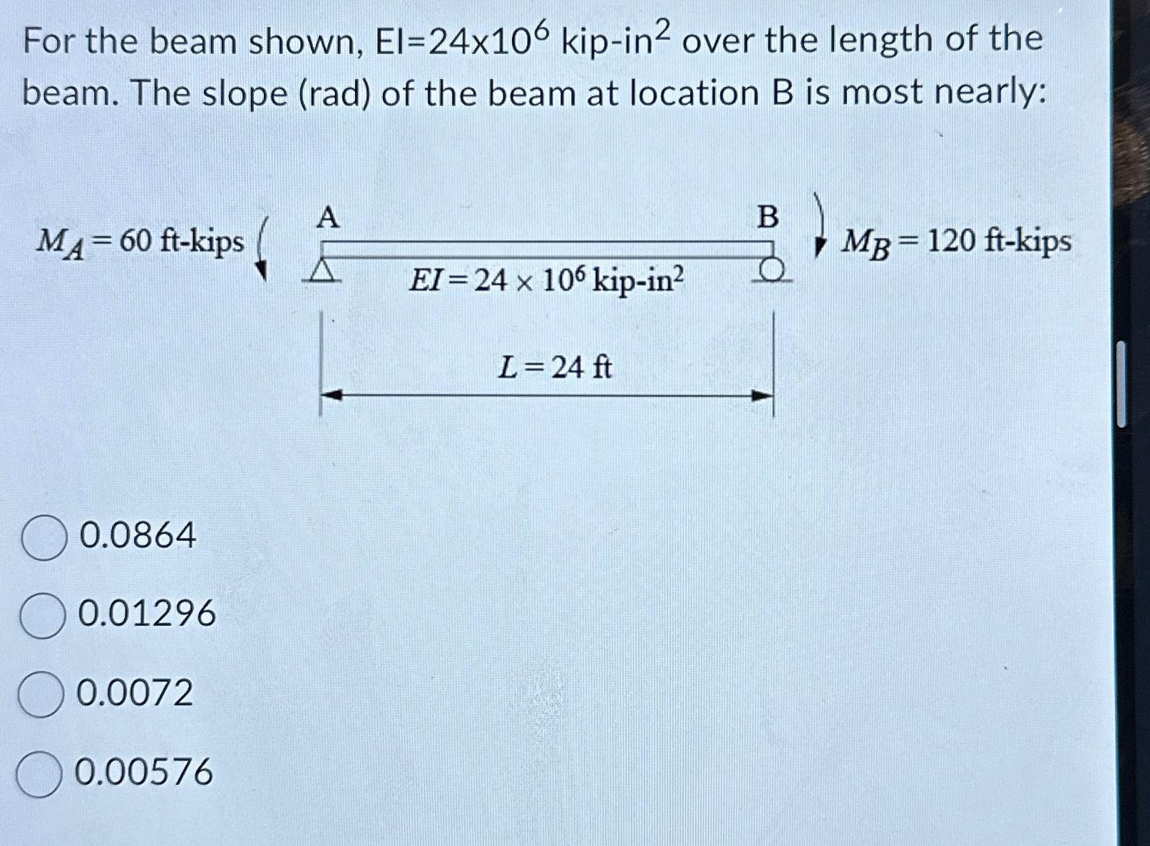 Solved For the beam shown, EI=24\\times 10^(6)kip-in ^(2) | Chegg.com