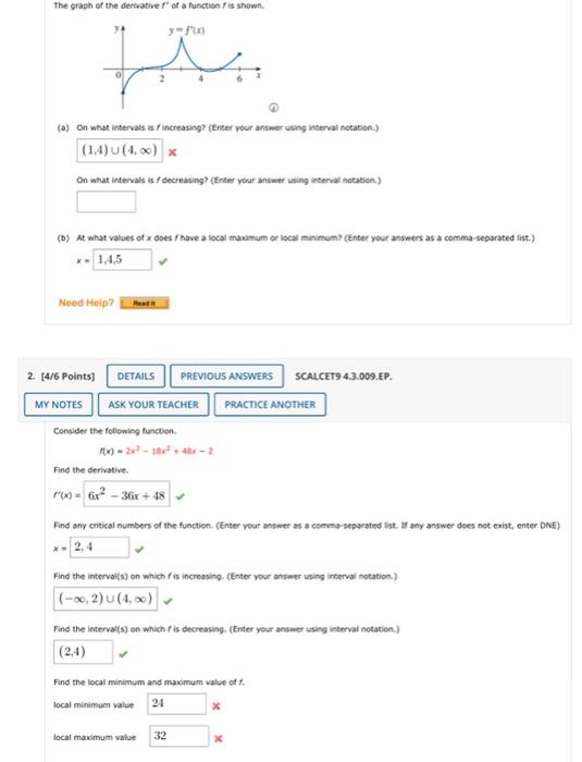 Solved The graph of the derivative for a function is shown | Chegg.com