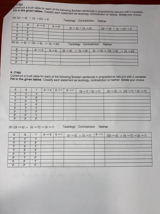 Solved (12p) construct a truth table for each of the | Chegg.com