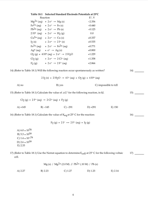 Solved Table 18.1 Selected Standard Electrode Potentials At 