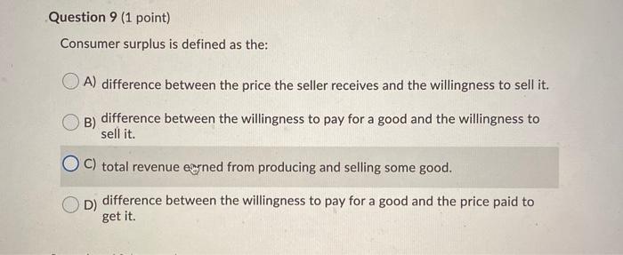 Solved Question 9 (1 point) Consumer surplus is defined as | Chegg.com