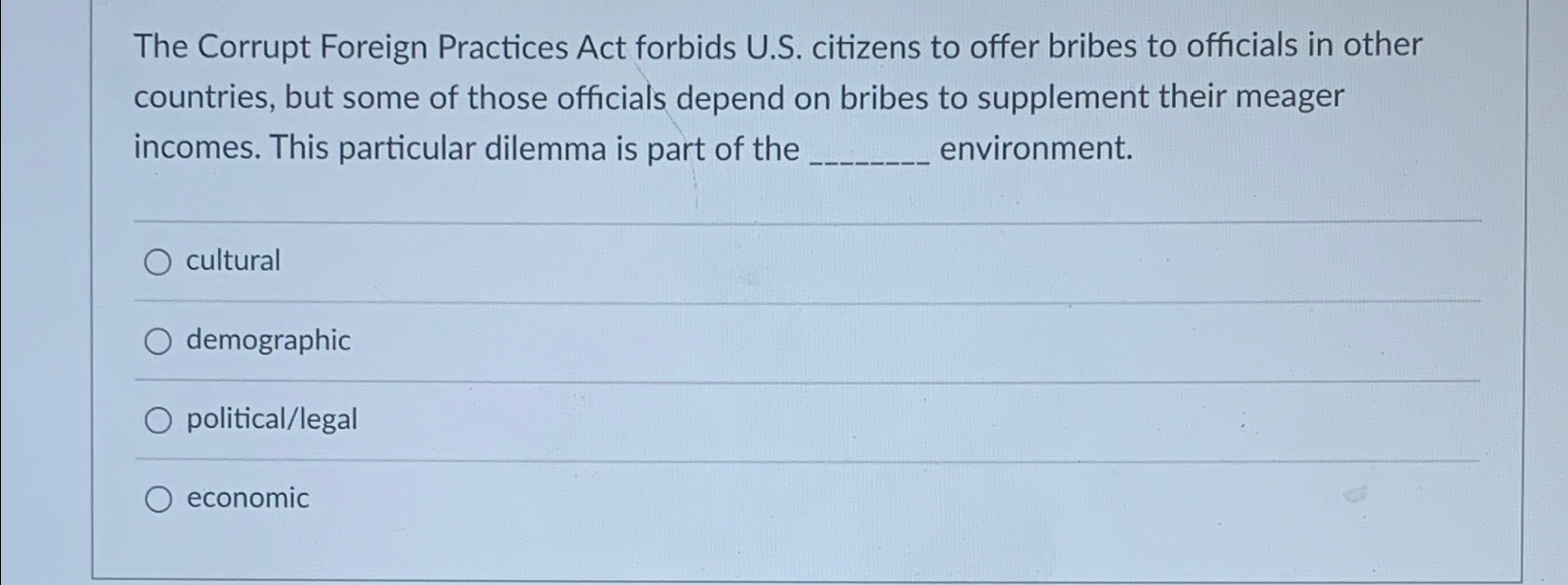 Solved The Corrupt Foreign Practices Act forbids U.S. | Chegg.com