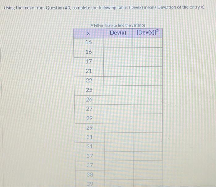 Using the mean from Question \#3, complete the | Chegg.com