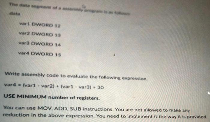 Solved Write assembly code to evaluate the following | Chegg.com