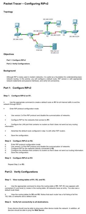 Packet Tracer - Configuring RIPv2 Top LI Baround Part | Chegg.com