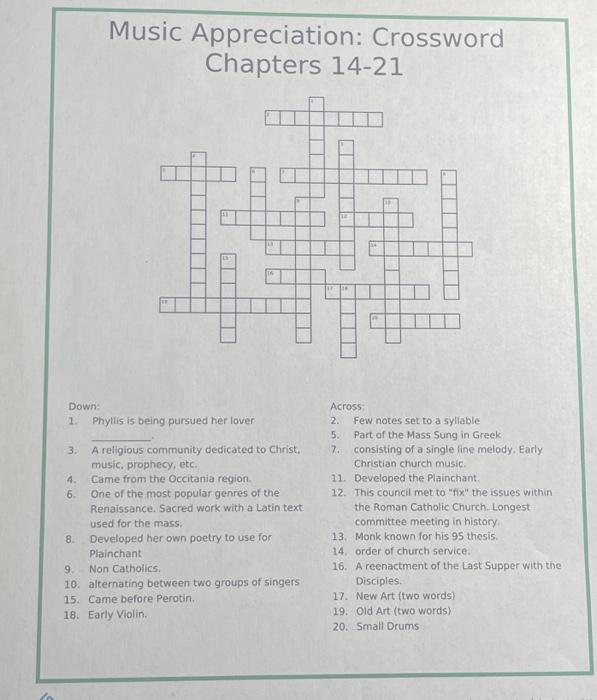 Music Appreciation Crossword: Chapter 8 14 Down: 1 Chegg com