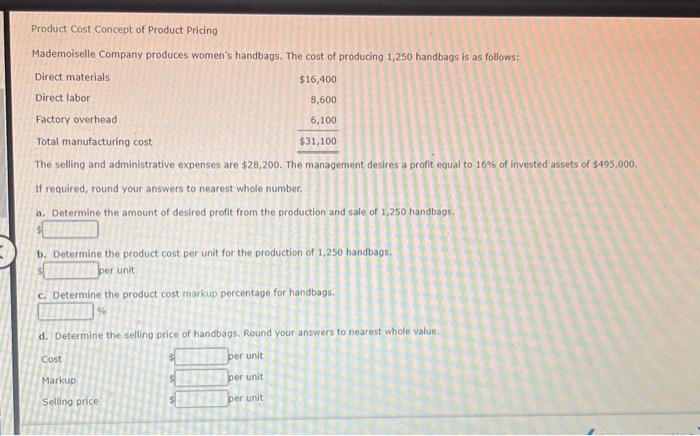 Solved Product Cost Concept Of Product Pricing Mademoiselle 