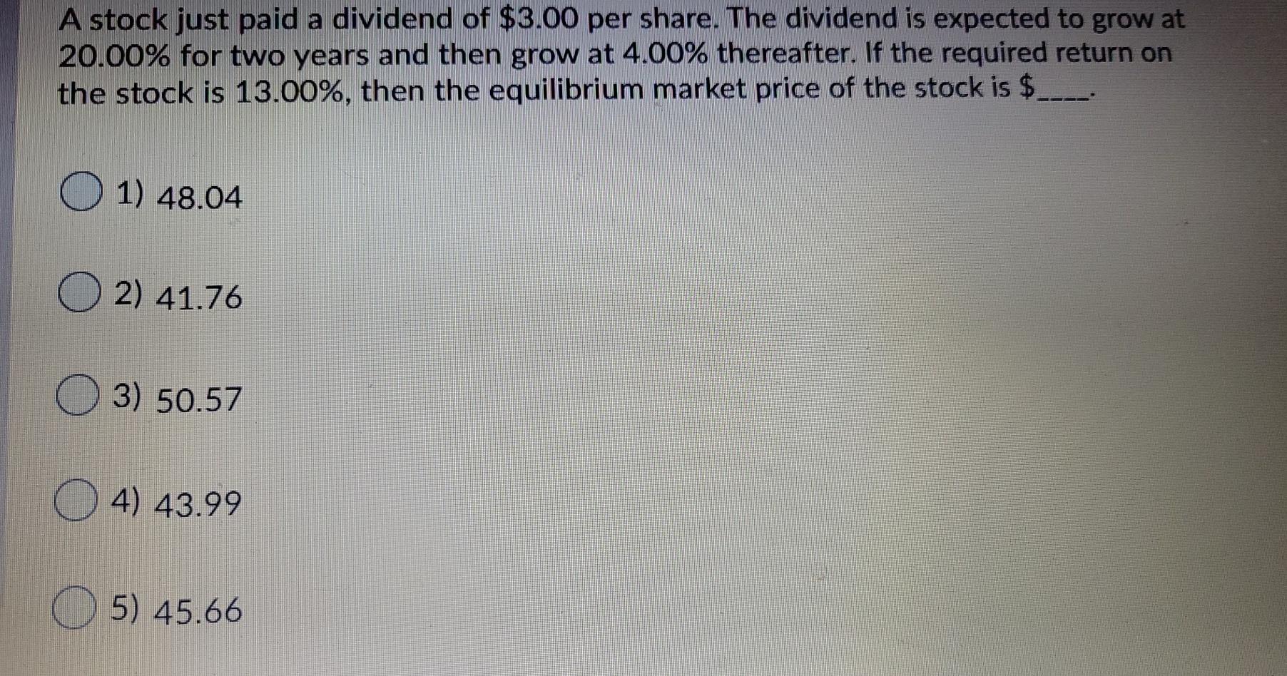 Solved A stock just paid a dividend of 3.00 per share. The