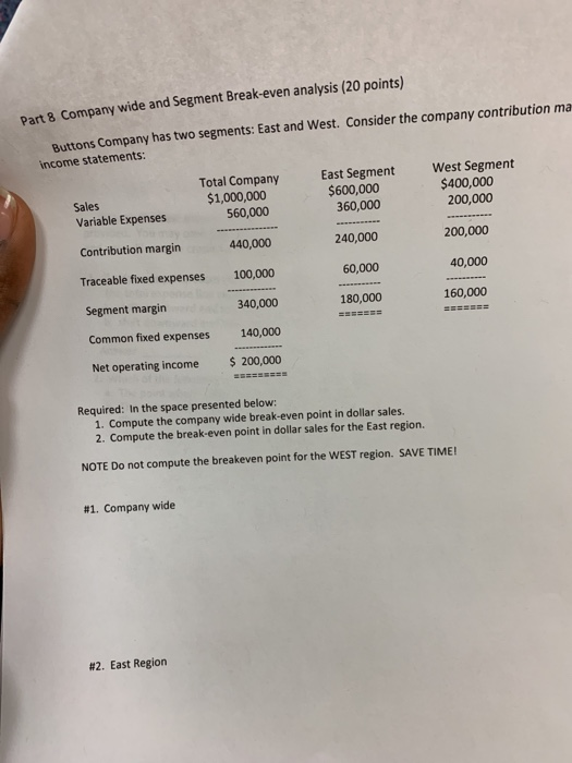 Solved Part 8 Company wide and Segment Break-even analysis | Chegg.com