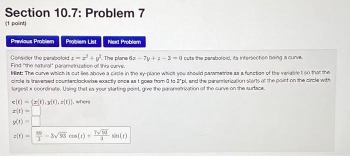 Solved Section 10.7: Problem 7 (1 point) Previous Probler | Chegg.com