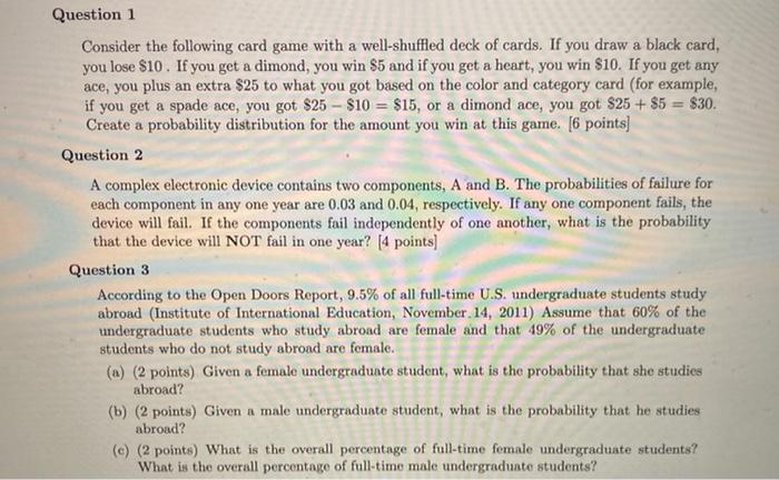 Solved a Question 1 Consider the following card game with a | Chegg.com