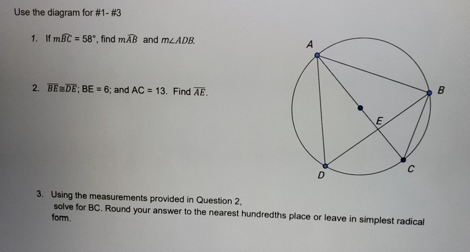 Solved Use the diagram for #1- #3 1. If mBC = 58°, find mAB | Chegg.com