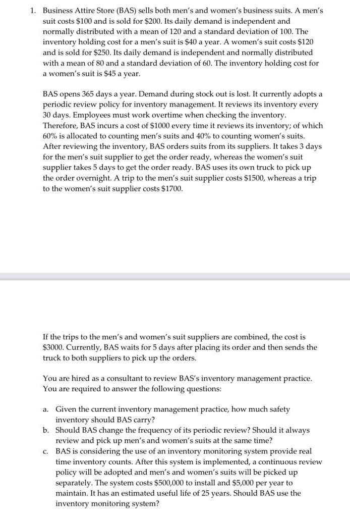 Solved 1. Business Attire Store (BAS) sells both men's and | Chegg.com