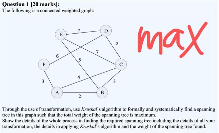 Solved Question 1 [20 marks]: The following is a connected | Chegg.com