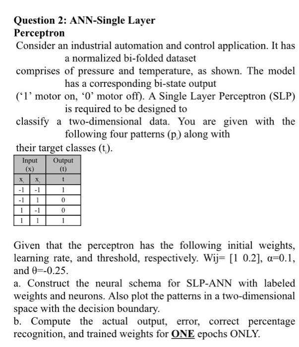 Solved Question 2: ANN-Single Layer Perceptron Consider an | Chegg.com