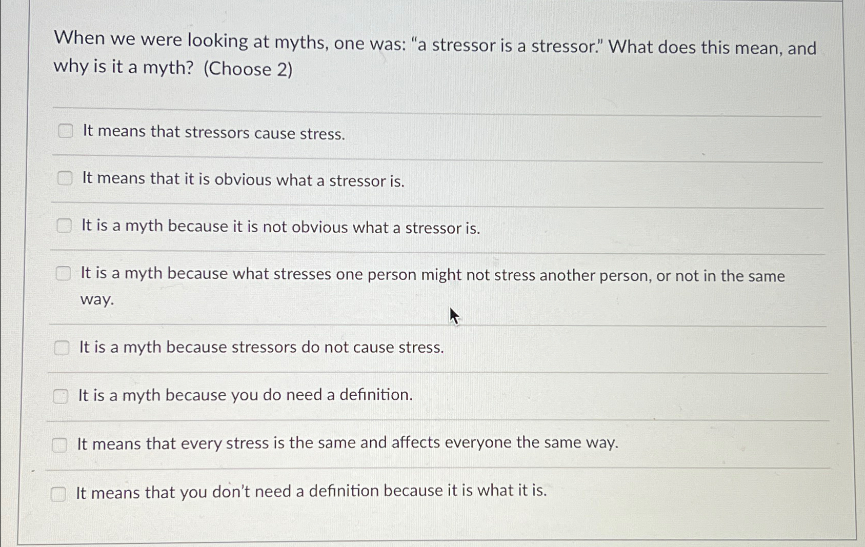 Solved When we were looking at myths, ﻿one was: "a stressor | Chegg.com