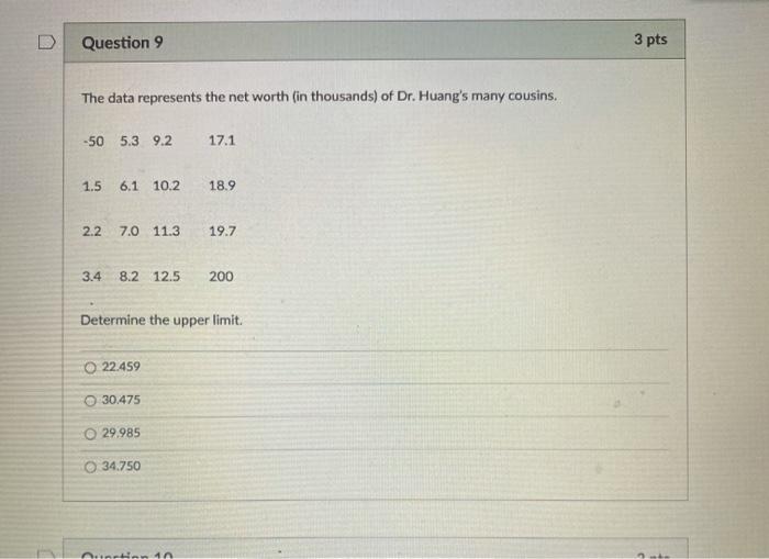 Solved D Question 9 3 pts The data represents the net worth | Chegg.com