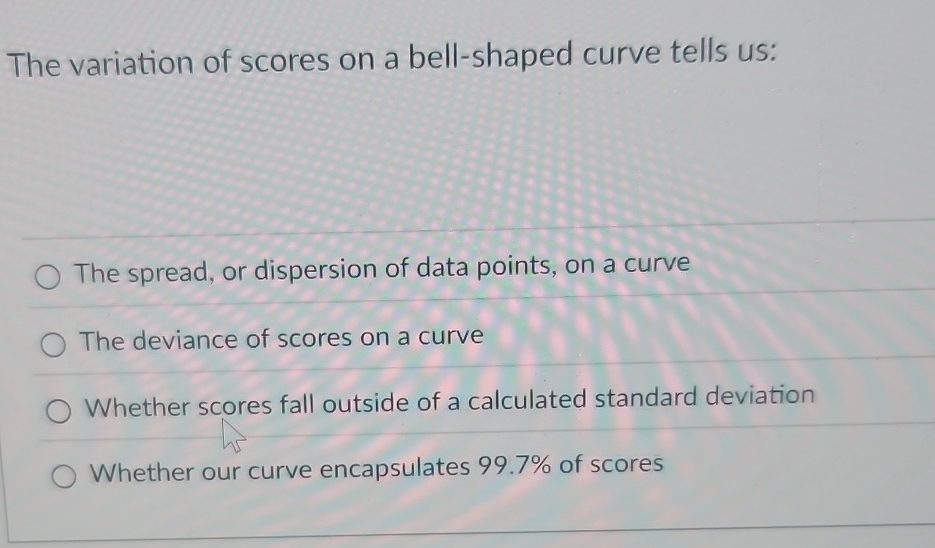Solved The variation of scores on a bell-shaped curve tells | Chegg.com