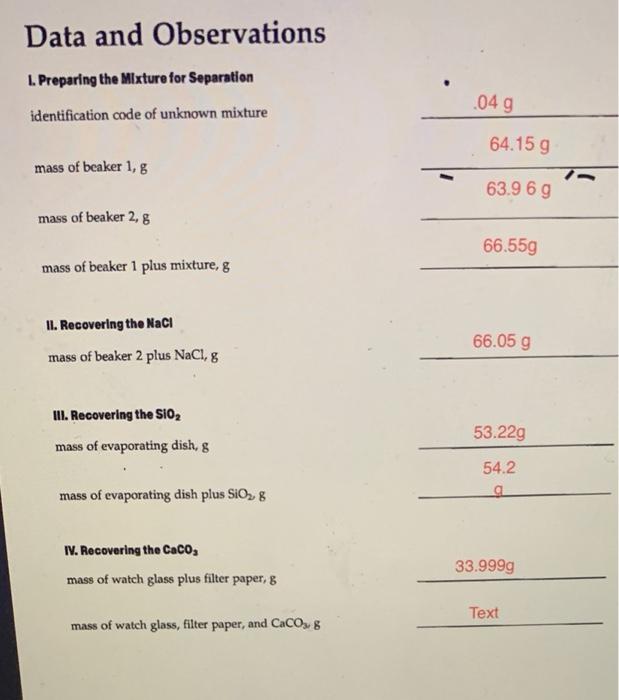 Solved Data and Observations 1. Preparing the Mixture for | Chegg.com