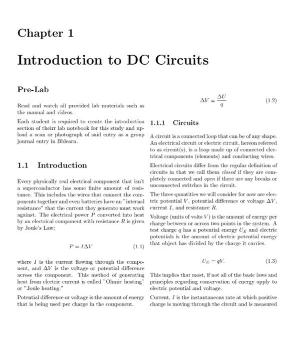 Chapter 1 Introduction to DC Circuits 2 Pre-Lab AU AV | Chegg.com