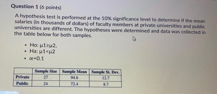 Solved Question 1 (6 points) A hypothesis test is performed | Chegg.com