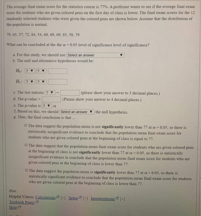 Solved The average final exam score for the statistics | Chegg.com