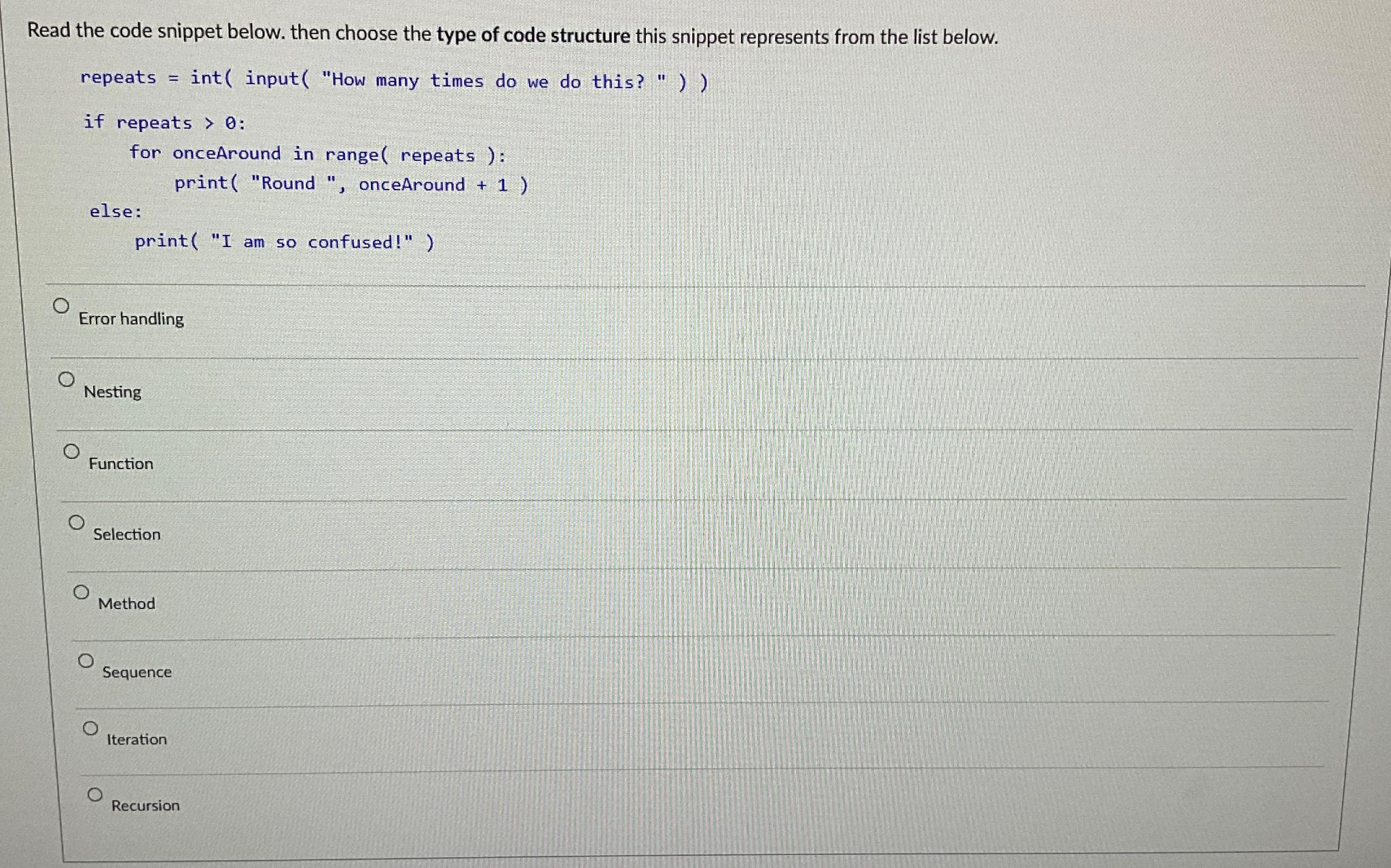 Solved Read the code snippet below. then choose the type of | Chegg.com