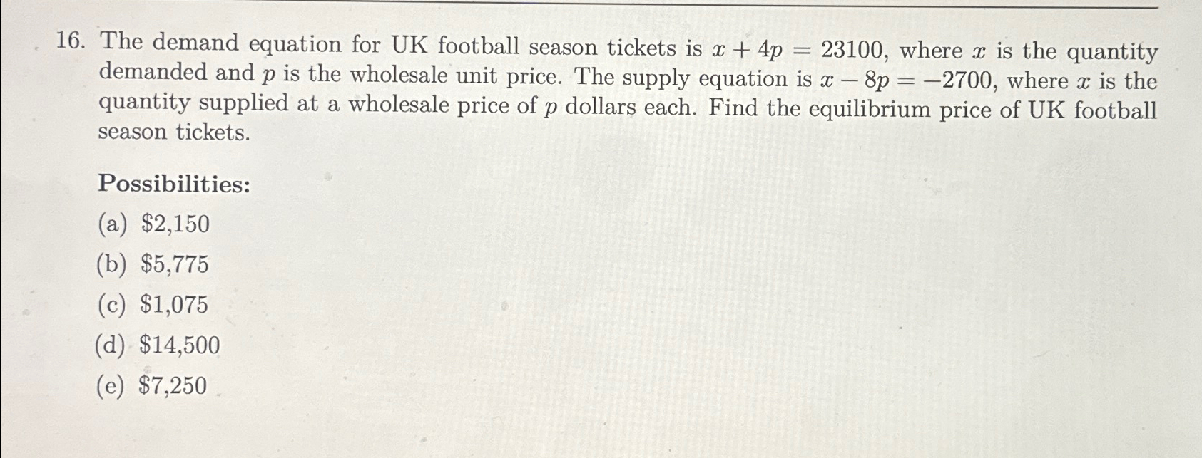 Solved The demand equation for UK football season tickets is