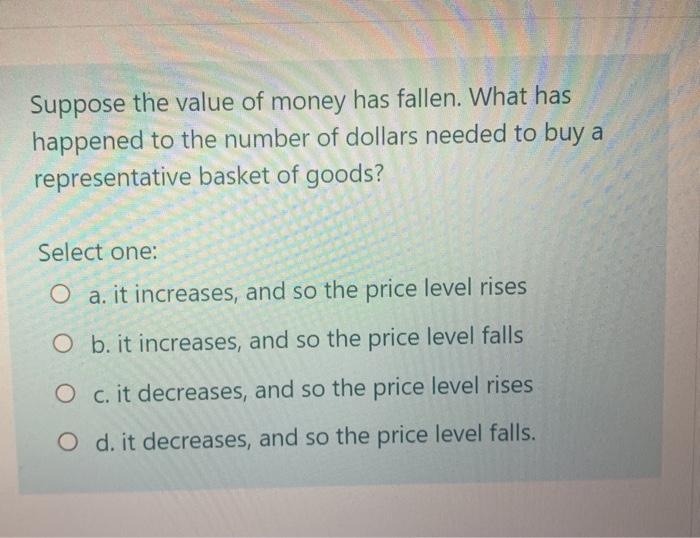 Solved Suppose The Value Of Money Has Fallen. What Has | Chegg.com