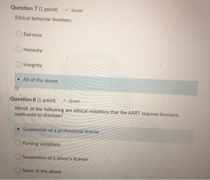 Solved Question 7 (1 point) Saved Ethical behavior | Chegg.com