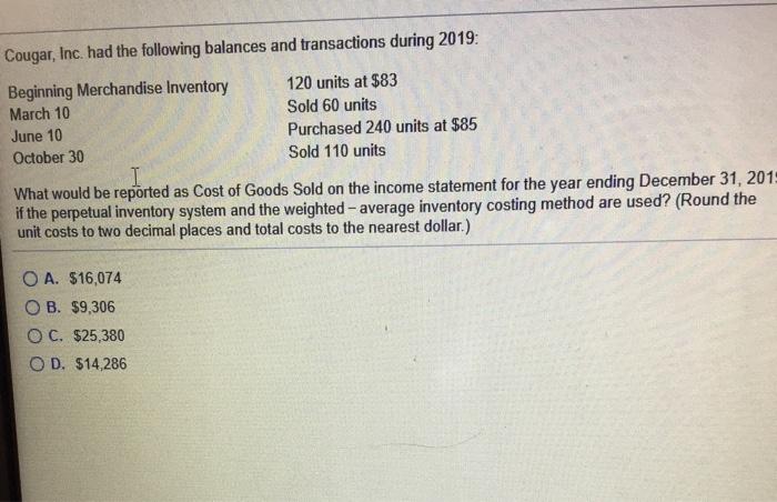 Solved Cougar, Inc. Had The Following Balances And | Chegg.com