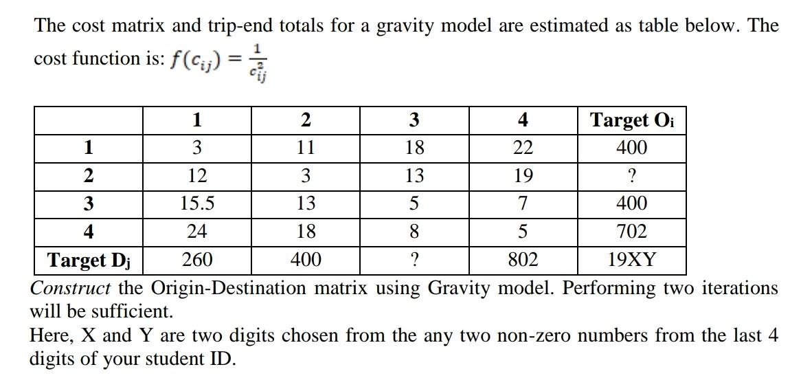 Solved The cost matrix and trip-end totals for a gravity | Chegg.com